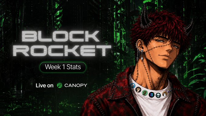 An anime-style promotional graphic for 'BLOCK ROCKET' showing 'Week 1 Stats' with a character featuring horns and chains, set to 'Live on CANOPY'.