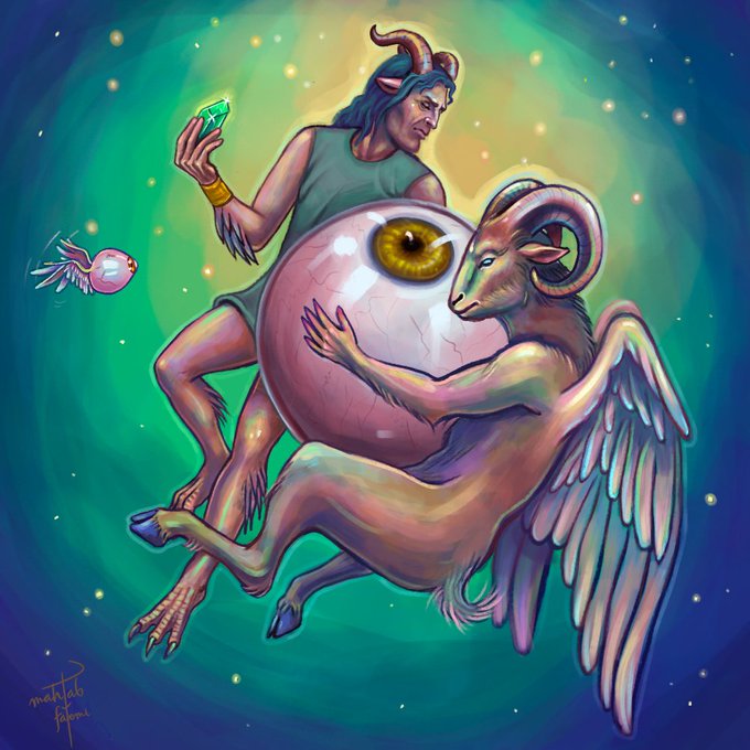 A surreal digital artwork depicts a horned, blue-haired satyr-like figure cradling a giant eyeball while embracing a winged ram, with a small pink bird flying nearby—all set against a swirling green cosmic backdrop. The image's fantastical, otherworldly theme complements the post's announcement of an NFT auction, with the artist signed as "Archan Nair" in the bottom left corner matching the bid credited in the message.