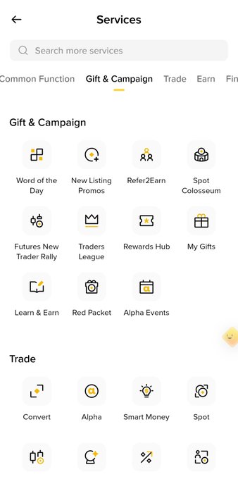 A screenshot of the Binance app's "Services" menu showing the "Gift & Campaign" and "Trade" categories with various icons including Word of the Day, New Listing Promos, Refer2Earn, Spot Colosseum, Alpha Events, and Convert options. The image illustrates the platform's service navigation where users can access Alpha Events and other promotional features like airdrops mentioned in the accompanying Arabic text about Binance's event hub.