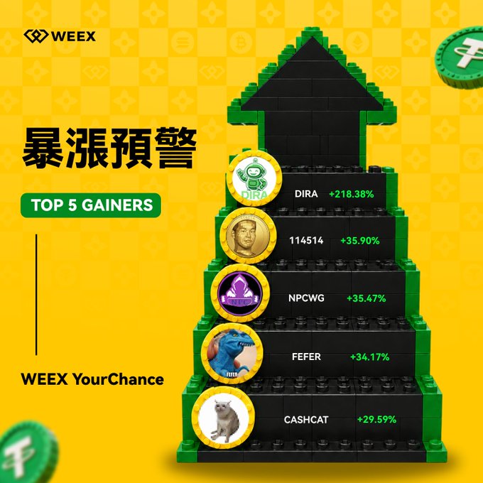 A WEEX exchange promotional graphic titled '暴涨预警' (Surge Warning) showing the Top 5 Gainers: DIRA +218.38%, 114514 +35.90%, NPCWG +35.47%, FEFER +34.17%, and CASHCAT +29.59%, with the slogan 'WEEX YourChance'.