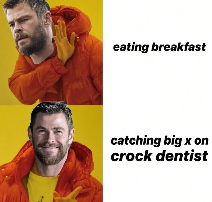 The image is a two-panel meme featuring a man in an orange puffer jacket against a yellow background, with the top panel showing him looking displeased next to the text "eating breakfast" and the bottom panel showing him smiling approvingly beside "catching big x on crock dentist."

The meme humorously compares the unimpressive experience of eating breakfast to the far more exciting prospect of scoring a big win on the streamer "crock dentist," which ties into the post promoting the "WHALE ORIGINALS" tournament where a single spin can dominate the leaderboard.