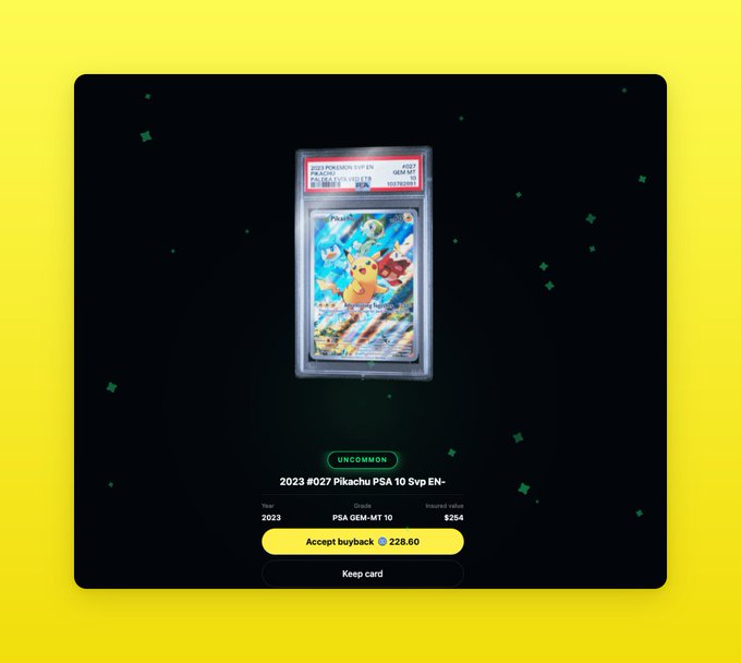 An app interface on a yellow background displays a PSA-graded Pikachu Pokémon card, with an offer to 'Accept buyback' for 228.60, a 'Keep card' option, and a 'UNCOMMON' rarity tag.