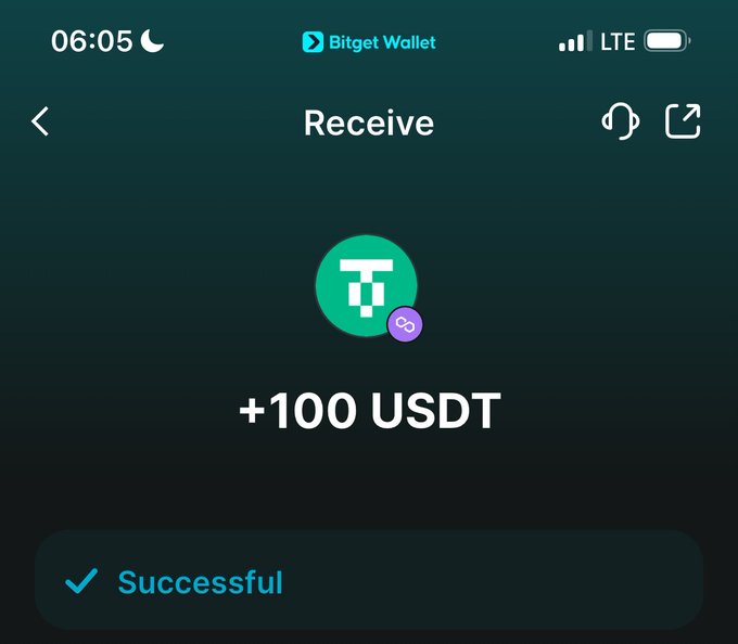 A Bitget Wallet screenshot confirms a successful receipt of +100 USDT (Tether) on the Polygon network, providing tangible evidence of crypto earnings that complements the post's announcement of an upcoming livestream and ongoing project developments with @_KultGames.