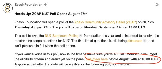 A screenshot of a social media post from 'ZcashFoundation' with a red hand-drawn circle highlighting the text 'volunteer here' in a message about the ZCAP NU7 Poll.