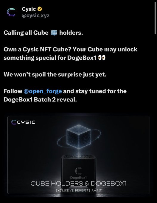 A tweet from @cysic_xyz announces that Cysic NFT Cube holders will receive exclusive benefits for the upcoming DogeBox1 Batch 2 release, with details to be revealed by @open_forge. The image features a stylized cube floating above a DogeBox1 device with the text "CUBE HOLDERS & DOGEBOX1 - EXCLUSIVE BENEFITS AWAIT."