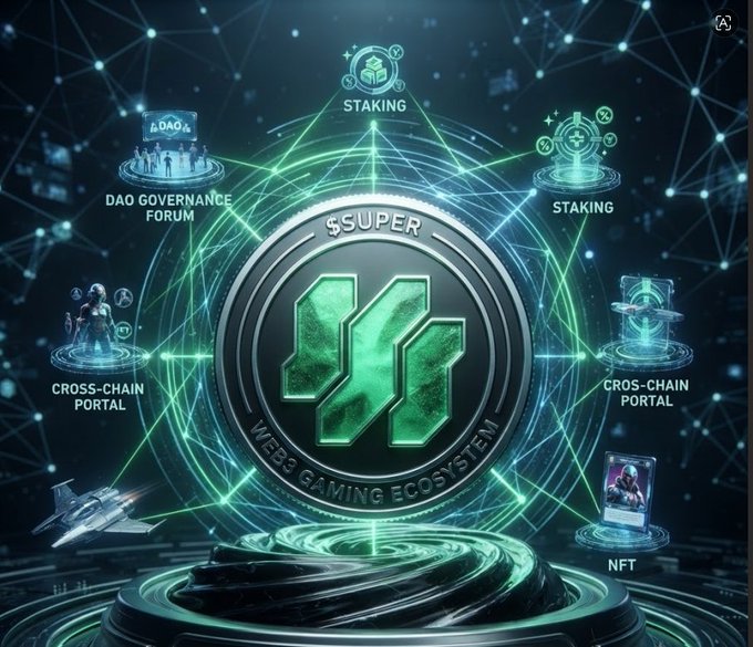 A digital illustration of a central coin labeled 'SSUPER WEB3 GAMING ECOSYSTEM' connected by glowing lines to features like 'DAO GOVERNANCE FORUM', 'STAKING', 'CROSS-CHAIN PORTAL', and 'NFT'.