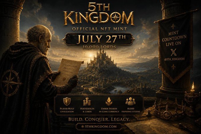 Promotional image for 5th Kingdom's Official NFT Mint on July 27th, featuring 10,000 Lords, where a robed figure reads a scroll before a majestic hilltop castle, highlighting features like player-built civilization, households & lords, Ember Shards in-game currency, and 10,000 founding citizens—reinforcing the announcement that all 10,000 NFTs are now live with unique Discovery Rates assigned via Switchboard VRF.