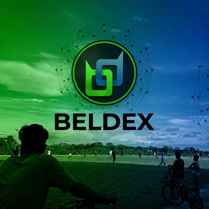 A promotional graphic for 'BELDEX' featuring a green and blue geometric logo over a background image of people on a grassy field with palm trees.