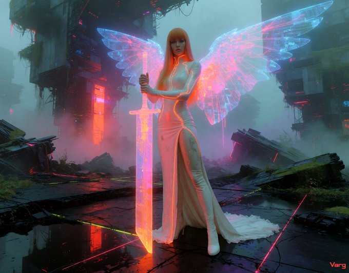 A digital artwork by "Varg" portrays a winged figure with glowing neon pink and blue wings holding a luminous sword in a moody, cyberpunk environment.