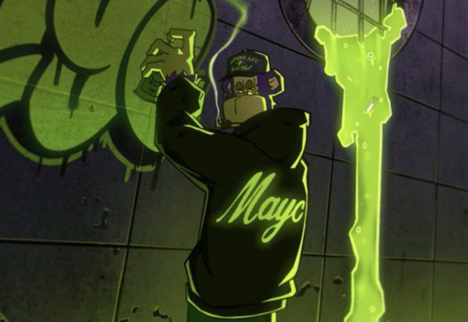 An animated monkey wearing a black hoodie with 'Mayc' written on the back is spray-painting a green shape on a wall.