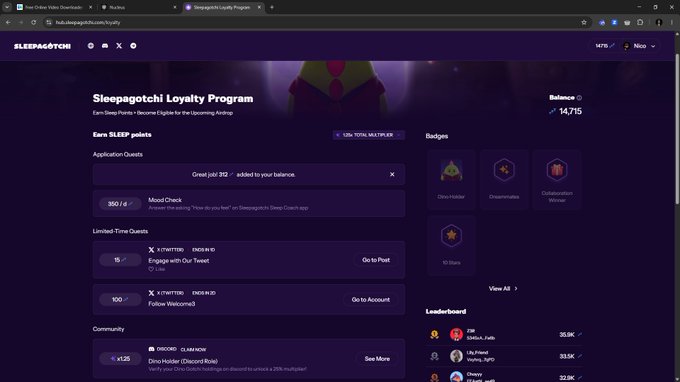 A screenshot of the Sleepagotchi Loyalty Program dashboard showing a balance of 14,715 Sleep Points, various quests, badges, and a community leaderboard.
