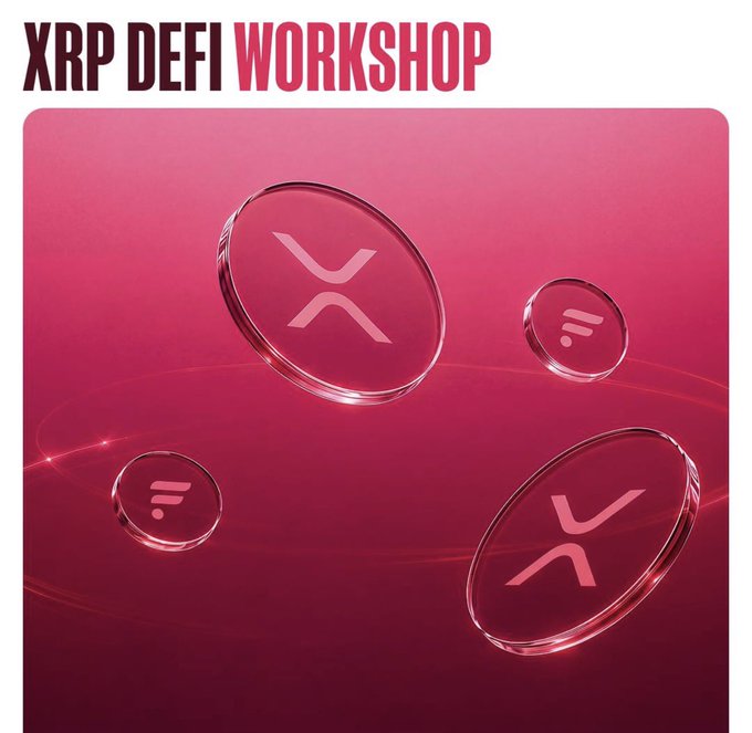 A promotional banner for an "XRP DEFI WORKSHOP" featuring two XRP coins and two smaller tokens floating against a pink gradient background. The image visually introduces the workshop on XRP yield strategies on Flare, with the coins symbolizing the DeFi topics to be covered.