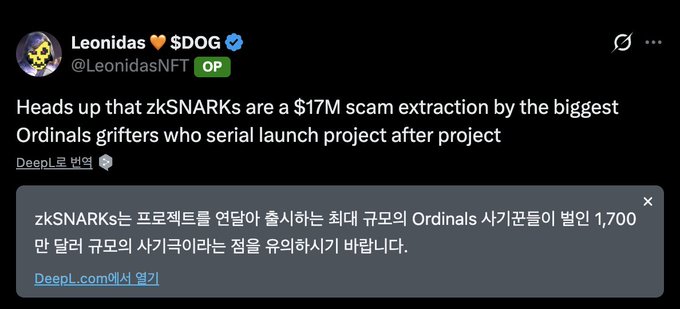A tweet from "Leonidas @LeonidasNFT" claiming "Heads up that zkSNARKs are a $17M scam extraction by the biggest Ordinals grifters," accompanied by a Korean translation popup from DeepL.