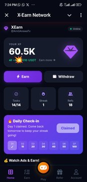 The image shows the XEarn Network app interface displaying a 60.5K token balance, 14/14 completed tasks, and a claimed daily check-in streak, promoting a new earning opportunity with a $2 registration bonus and $5 minimum withdrawal as mentioned in the post.