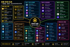 A complex dashboard or mind map diagram with the 'BNB' logo in the center, surrounded by various cryptocurrency project categories and information in Chinese and English.