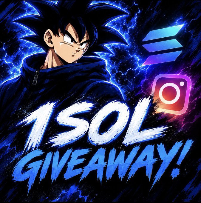 An anime-style graphic featuring a character resembling Goku surrounded by blue lightning, with text reading "1 SOL GIVEAWAY!" alongside a Solana logo and Instagram icon.