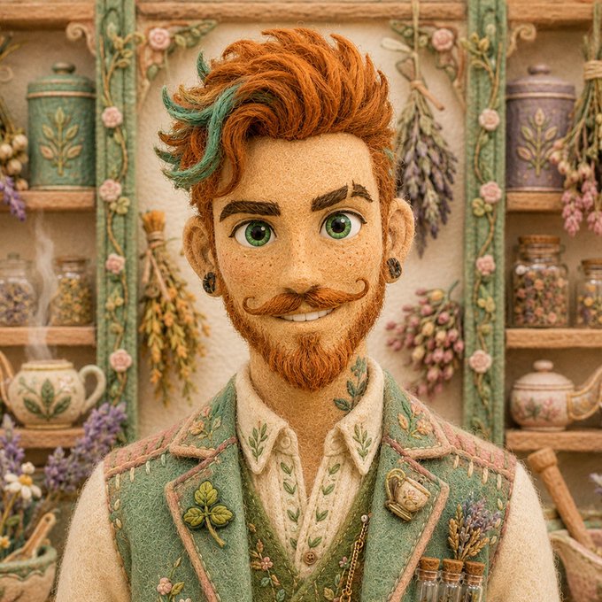 A whimsical, textured illustration of a smiling red-haired man with a curled mustache and green eyes, wearing a green vest with floral details, set against a backdrop of apothecary shelves filled with jars and dried flowers.