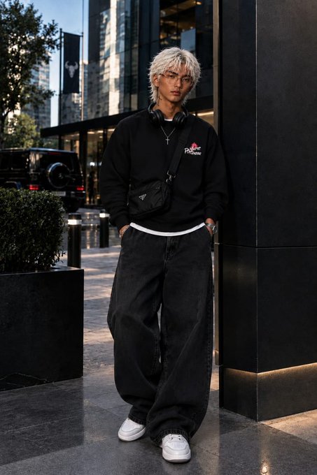 A stylish young man with bleached blonde hair poses against a black pillar on a city sidewalk, wearing a black sweatshirt, baggy black jeans, white sneakers, and a crossbody bag.