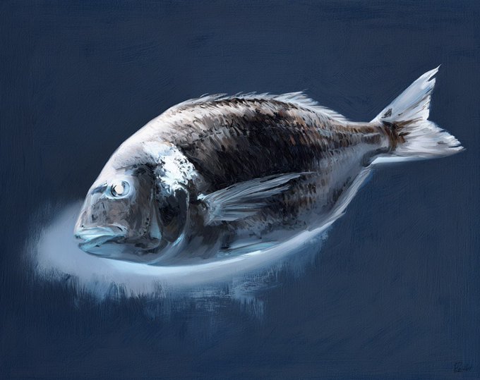A painted artwork of a silver and dark grey fish resting on a pale blue surface against a deep blue background.