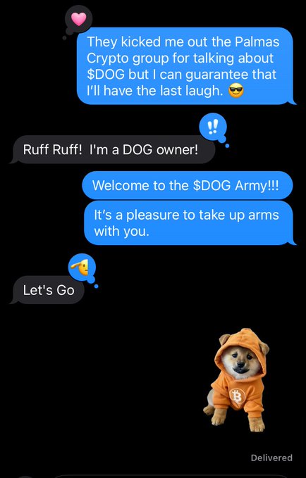 A text message exchange shows someone being welcomed into the "$DOG Army" after being kicked out of a crypto group, accompanied by a Shiba Inu dog wearing a Bitcoin hoodie.