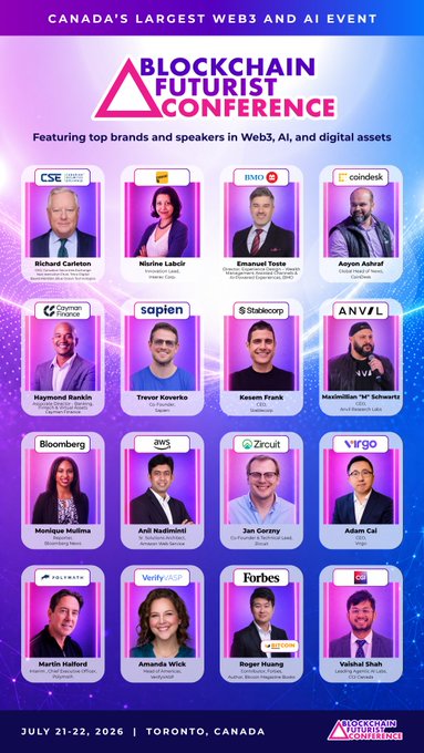 A promotional poster for the Blockchain Futurist Conference in Toronto, Canada (July 21-22, 2026), billed as Canada's largest Web3 and AI event, featuring speakers such as Richard Carleton, Nisirine Labidi, Emanuel Ycute, Asgon Ashraf, Haymond Rankin, Trevor Koverko, and others.
