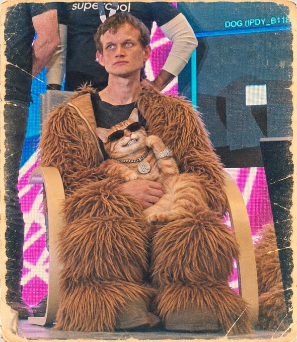 A man in a furry brown outfit holding a small cat wearing sunglasses and a chain medallion, displayed with a vintage photo filter and labeled "DOG (IPDY_8118)".