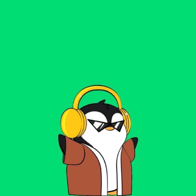 A cartoon penguin wearing black sunglasses, a brown jacket, and large yellow headphones stands against a solid green background.
