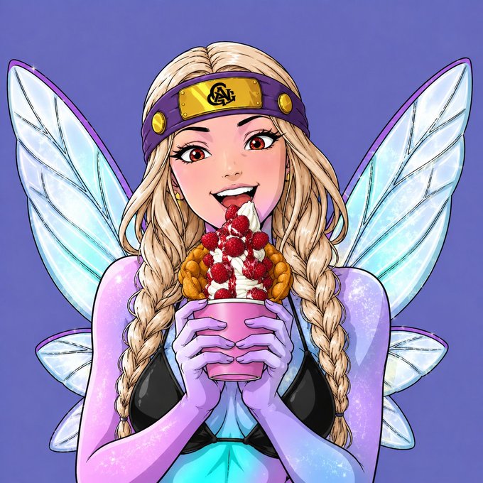 An anime-style illustration of a blonde fairy with braided hair, wings, and a purple headband, happily licking a pink cup topped with raspberries and cream.