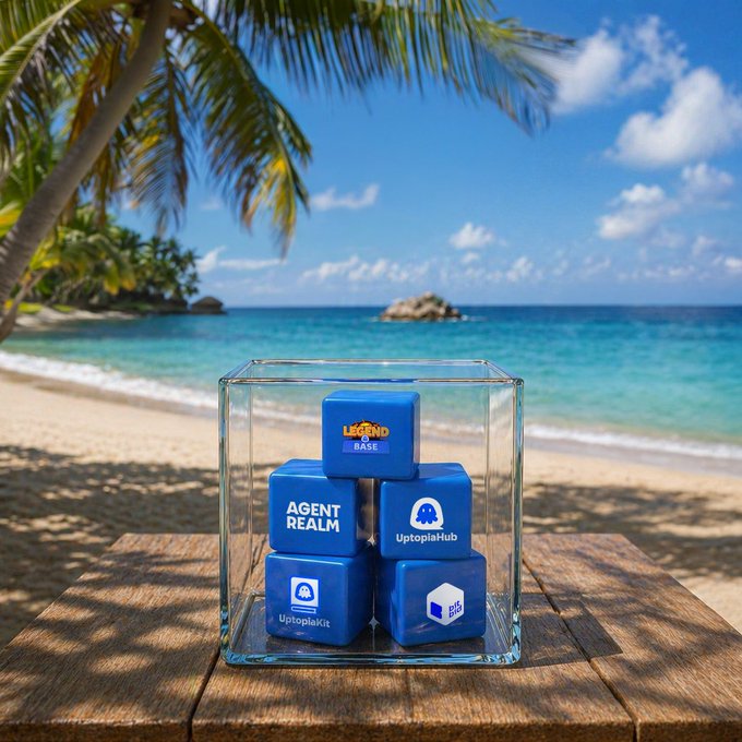 The image features a wooden table with a glass cube containing six blue cubes, each labeled with different words such as "Agentic", "Realm", or "Upcab". The cubes are arranged in a pyramid shape, creating an interesting visual effect. The backdrop of the scene is a beach setting, complete with palm trees and a body of water.