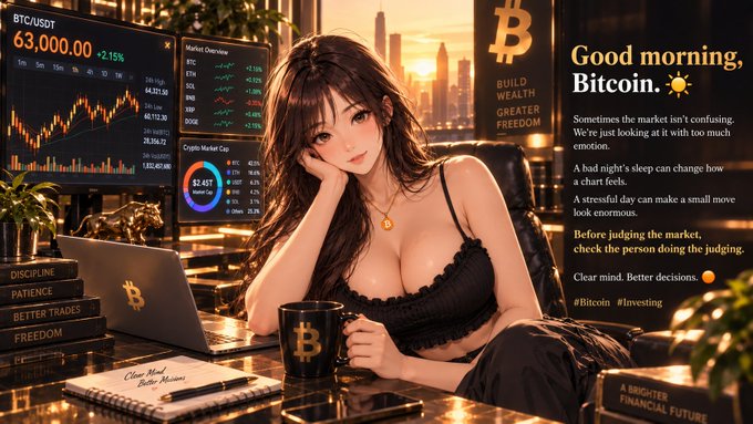 An anime-style illustration of a woman in a black dress sitting at a desk with multiple monitors displaying BTC/USDT trading charts, accompanied by the text 'Good morning, Bitcoin' and inspirational messages about investing and discipline.