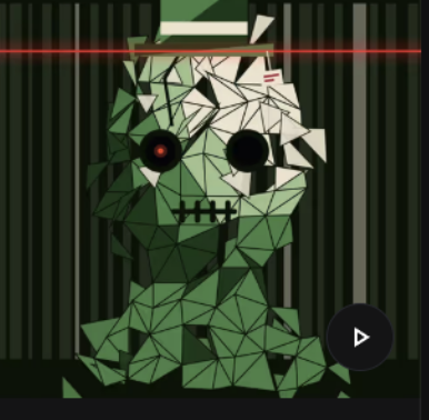 A digital artwork depicting a green geometric/low-poly zombie-like figure with glowing red eyes and exposed teeth, set against a dark background with vertical lines and red laser beams, with a play button visible.