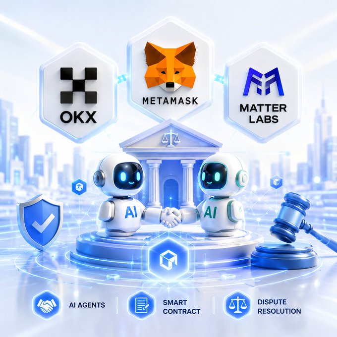 A 3D-rendered graphic showing two AI robots shaking hands in front of a courthouse, with logos for OKX, MetaMask, and Matter Labs displayed above, and features for AI Agents, Smart Contract, and Dispute Resolution below.