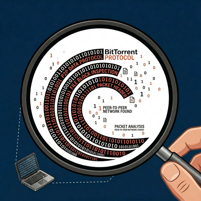 A magnifying glass inspects swirling binary code and data streams, revealing terms like "BitTorrent PROTOCOL," "P2P DATA PROTOCOL," "FILE BLOCK INSPECTION," "PACKET HEADER," "PEER-TO-PEER NETWORK FOUND," and "PACKET ANALYSIS," while a laptop at the bottom left connects via a dotted line, visually representing the peer-to-peer architecture that defines BitTorrent's foundational role in decentralized networking.