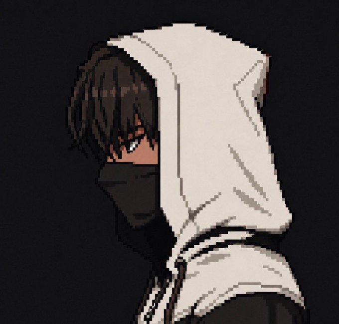 A pixel art illustration of a hooded character with brown skin, blue eyes, and a black face covering, wearing a white hood against a black background.
