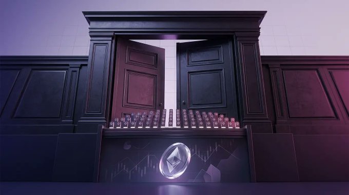 A grand set of dark wooden doors stands ajar, revealing rows of domino-like tiles on a pedestal above a glowing Ethereum (ETH) logo set against a candlestick chart. The scene visually represents the "opening doors" of crypto regulation as the CLARITY Act approaches a critical 60-vote hurdle, with the Ethereum symbol highlighting the regulatory stakes for major cryptocurrencies.