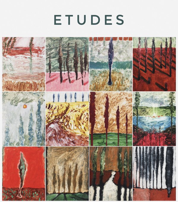 The word 'ETUDES' appears above a grid of twelve small landscape paintings featuring tall, slender cypress-like trees in various color palettes.