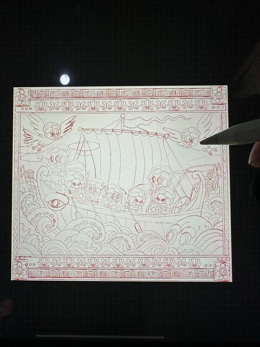 A red line art illustration on a screen depicting a boat carrying cartoon characters over waves, with a stylus pointing at the screen.