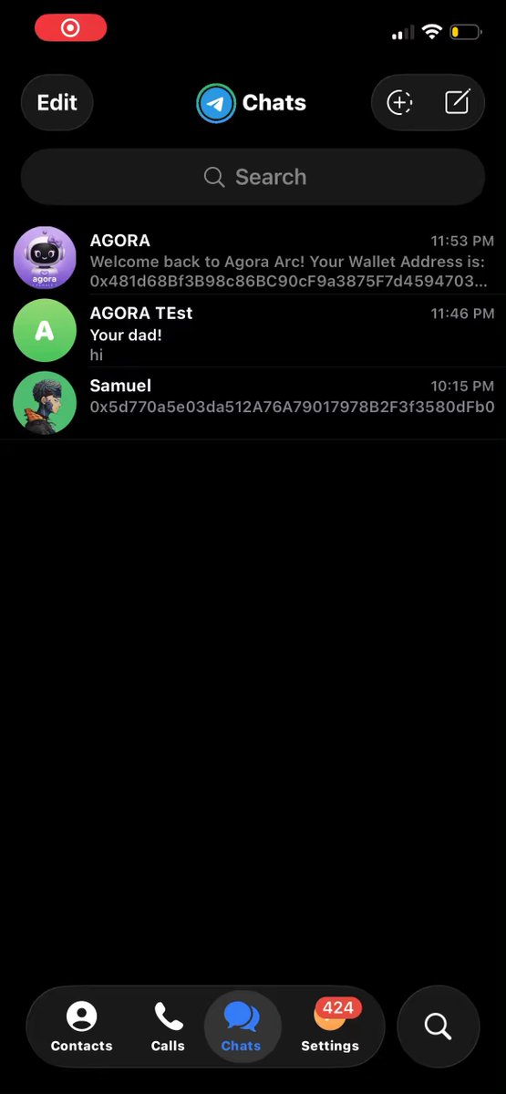 The image shows an iPhone screen displaying a chat window with three different people's names visible. The text reads "Edits", "Chats", and "Your wallet". The phone has a black background, and there are buttons for making calls and sending messages on the left side of the screen. A message is displayed in the chat window that says "@bobbilee he just hit me up in Arc House!".