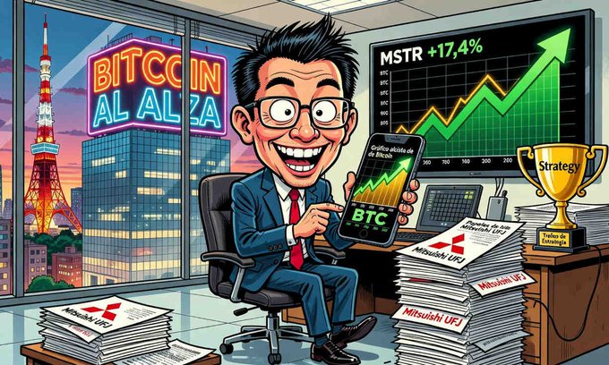 A colorful cartoon illustration of an excited man in a suit sitting in an office, holding a phone displaying a BTC price chart. The background features a Tokyo cityscape, a 'BITCOIN AL ALZA' neon sign, and a stock chart showing 'MSTR +17,4%'. Stacks of papers labeled 'Mitsubishi UFJ' are scattered around.