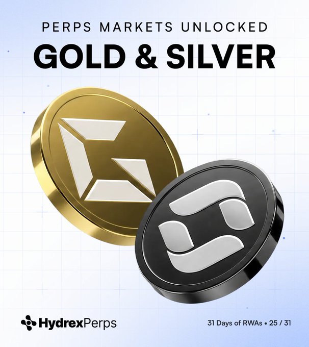 A promotional graphic for 'HydrexPerps' features a gold and a silver coin with text reading 'PERPS MARKETS UNLOCKED GOLD & SILVER' and '31 Days of RWAs • 25 / 31'.