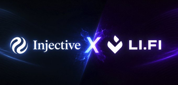 Dark promotional graphic with 'Injective' logo on the left, a purple 'X' in the center, and the 'LI.FI' logo on the right, connected by a glowing light beam.