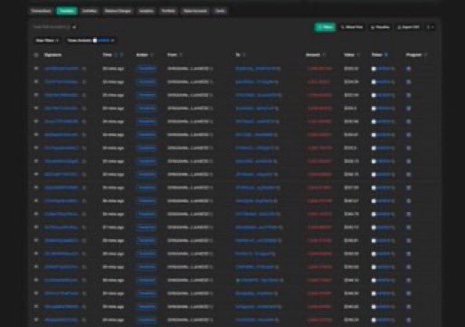 A dark-themed data table or trading dashboard showing rows of data with columns for time, action, price, amount, and total, appearing slightly blurry.