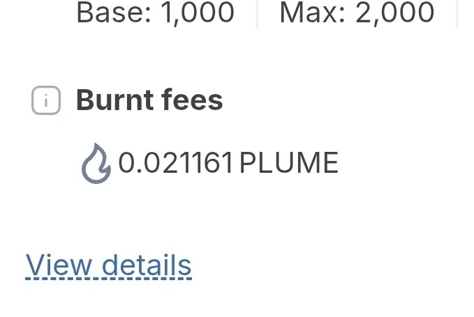 The image displays a portion of a transaction screen showing "Burnt fees" of 0.021161 PLUME, with "View details" as a clickable link and partial gas fee information (Base: 1,000, Max: 2,000) visible at the top. This appears to be from a Plume Network transaction, showing the small PLUME token amount burned as fees for a blockchain operation.