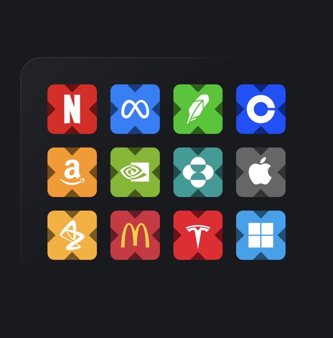 Grid of 12 colorful app-style icons featuring brand logos including Netflix, Meta, Microsoft, Amazon, NVIDIA, Apple, McDonald's, and Tesla.