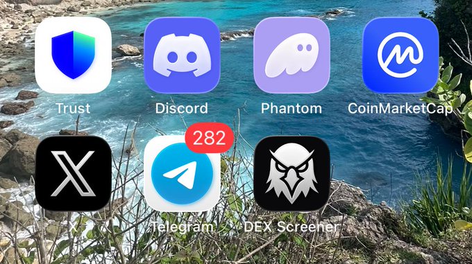 A smartphone home screen displays app icons for Trust, Discord, Phantom, CoinMarketCap, X, Telegram (with 282 notifications), and DEX Screener over a background photo of a rocky coastline and turquoise water.