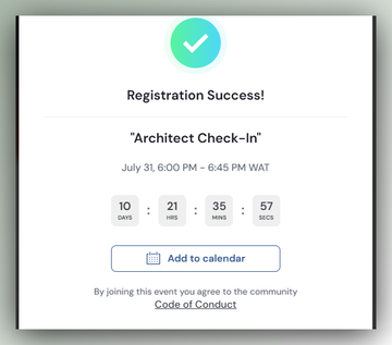A 'Registration Success!' confirmation screen for 'Architect Check-In' on July 31, 6:00 PM – 6:45 PM WAT, with a countdown timer and an 'Add to calendar' button.