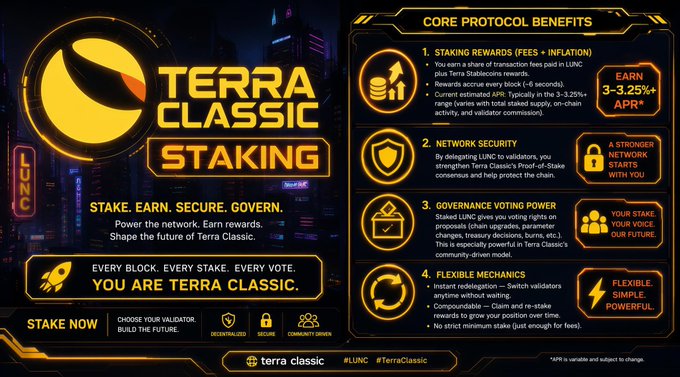 A promotional graphic for Terra Classic ($LUNC) staking highlights core protocol benefits including 3-3.25% APR staking rewards, network security through delegation, governance voting power, and flexible mechanics. The visual reinforces the post's message by emphasizing how staking gives holders a voice in the network's future development and decision-making process.
