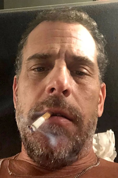The image shows a close-up selfie of a shirtless, bearded man smoking a cigarette, which is being used to mock Hunter Biden's claim about his "LAPTOP" memecoin. The juxtaposition of the disheveled appearance with a lit cigarette satirizes the absurdity of denying profit from a token bearing the name of his infamous laptop scandal.