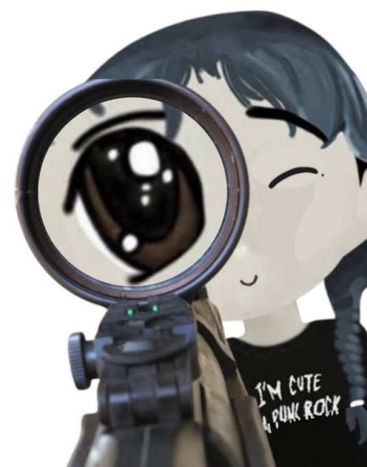 An anime-style illustration of a smiling character with dark hair and a black 'I'M CUTE PUNK ROCK' shirt looking through a sniper scope, with the scope reflecting her large brown eye.