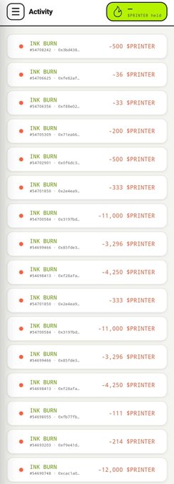 A mobile app activity screen displaying a feed of recent PRINTER token "INK BURN" transactions, each showing transaction hashes, wallet addresses, and varying burn amounts ranging from -36 to -12,000 PRINTER, which visually supports the post's claim that PRINTER burn rate has surged back above 100,000 tokens per hour.